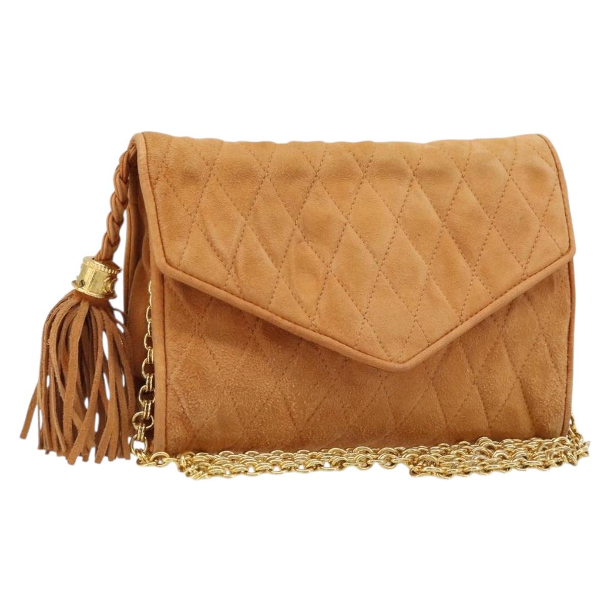 CHANEL Chain Shoulder Bag Suede Brown Gold CC Auth bs33823