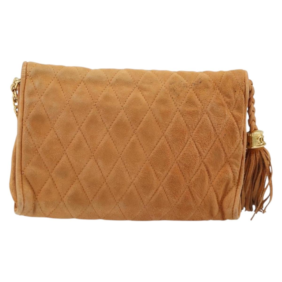CHANEL Chain Shoulder Bag Suede Brown Gold CC Auth bs33823