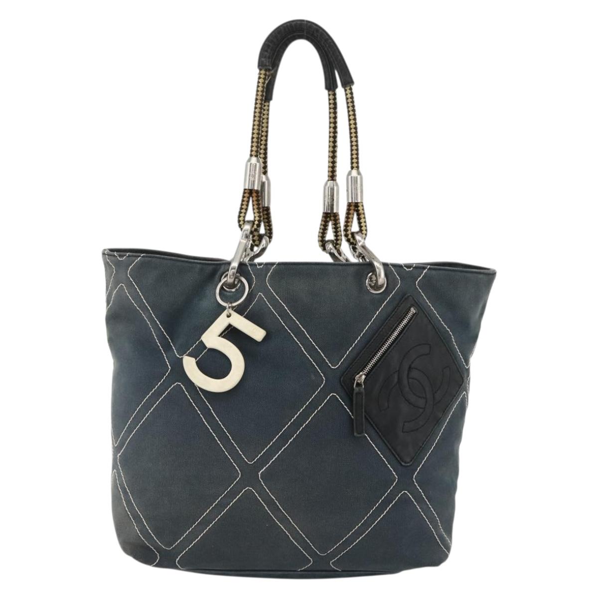 CHANEL Tote Bag Canvas Navy Silver CC Auth bs33826