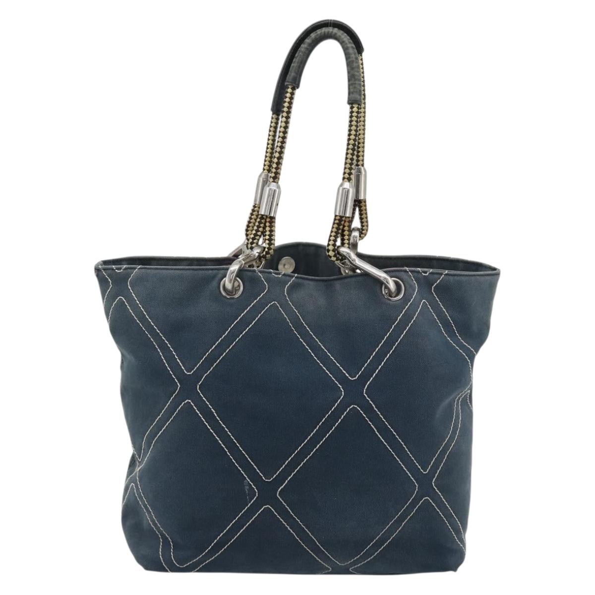 CHANEL Tote Bag Canvas Navy Silver CC Auth bs33826