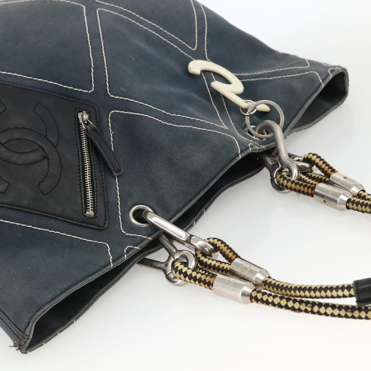CHANEL Tote Bag Canvas Navy Silver CC Auth bs33826