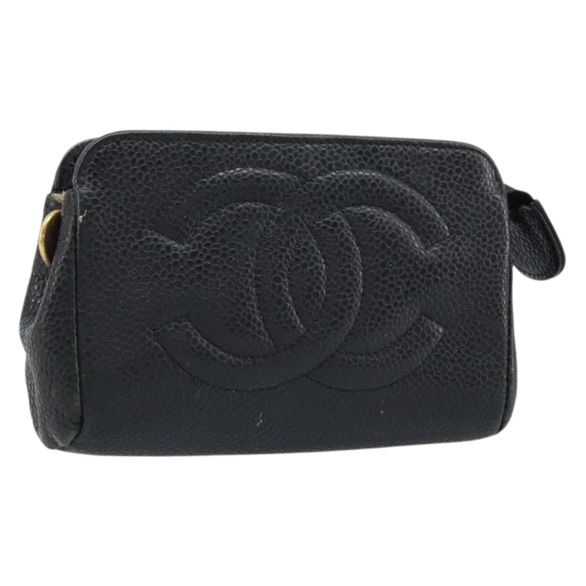 CHANEL Pouch Caviar Skin Black Gold CC Auth bs33828