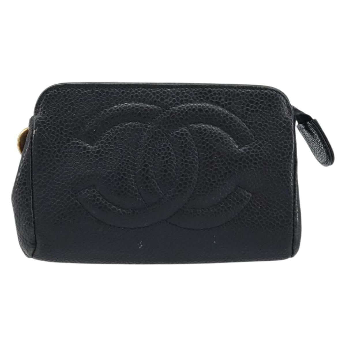CHANEL Pouch Caviar Skin Black Gold CC Auth bs33828