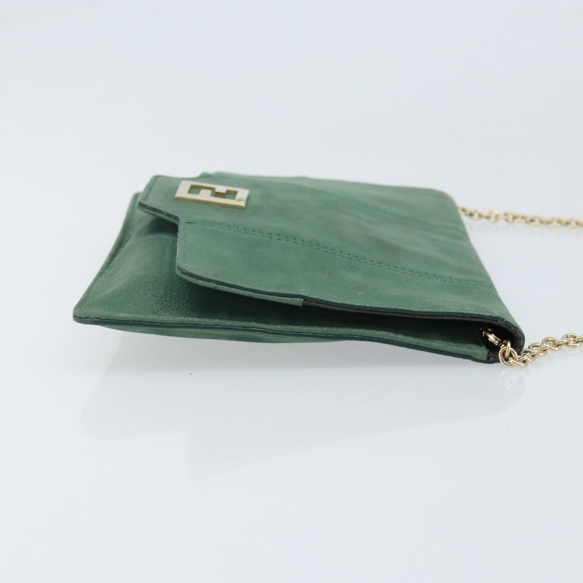 FENDI Chain Shoulder Bag Leather Green Gold Auth bs33834