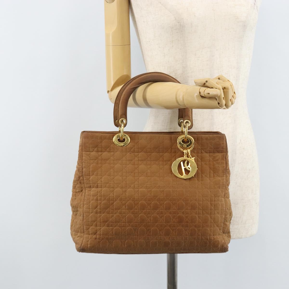 Christian Dior Lady Dior Canage Hand Bag Nylon Brown Gold Auth bs33840
