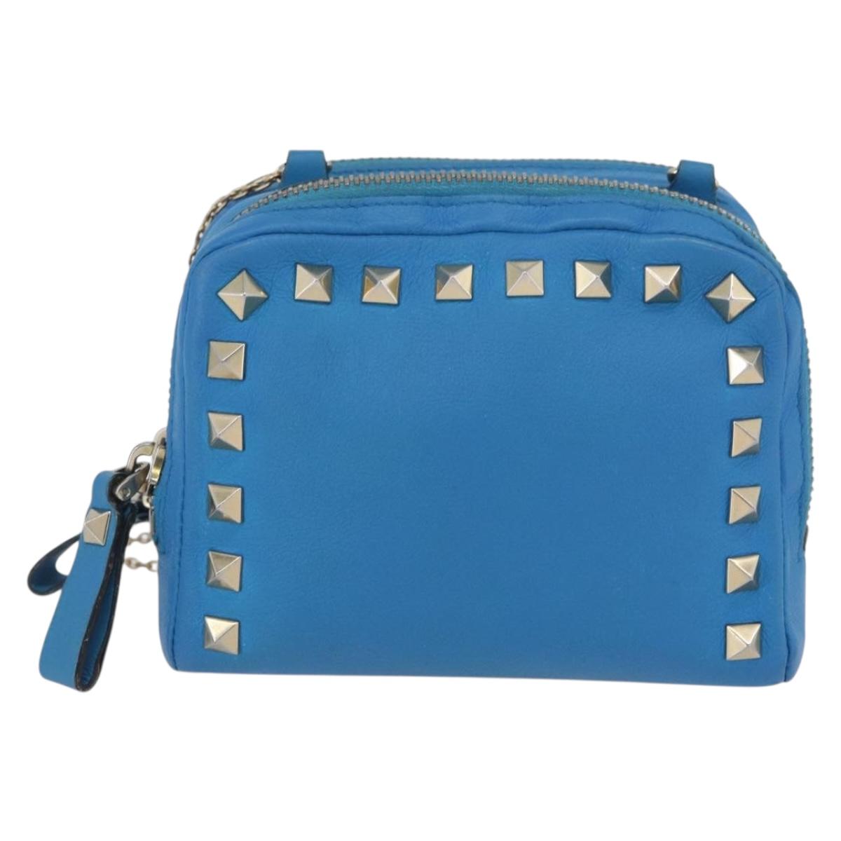 VALENTINO Chain Shoulder Bag Leather Blue Gold Auth bs33850