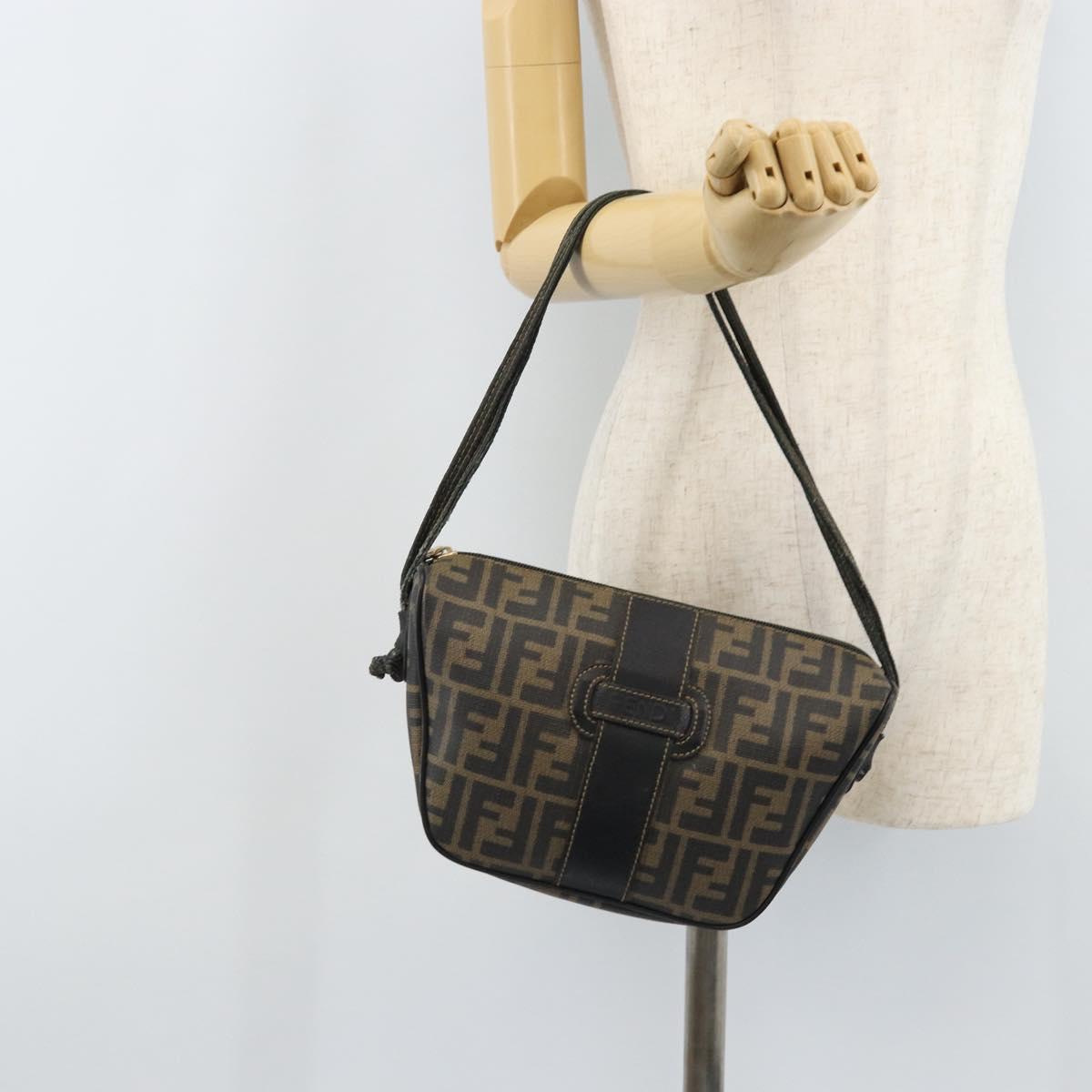 FENDI Zucca Canvas Shoulder Bag Brown Black Auth bs33858
