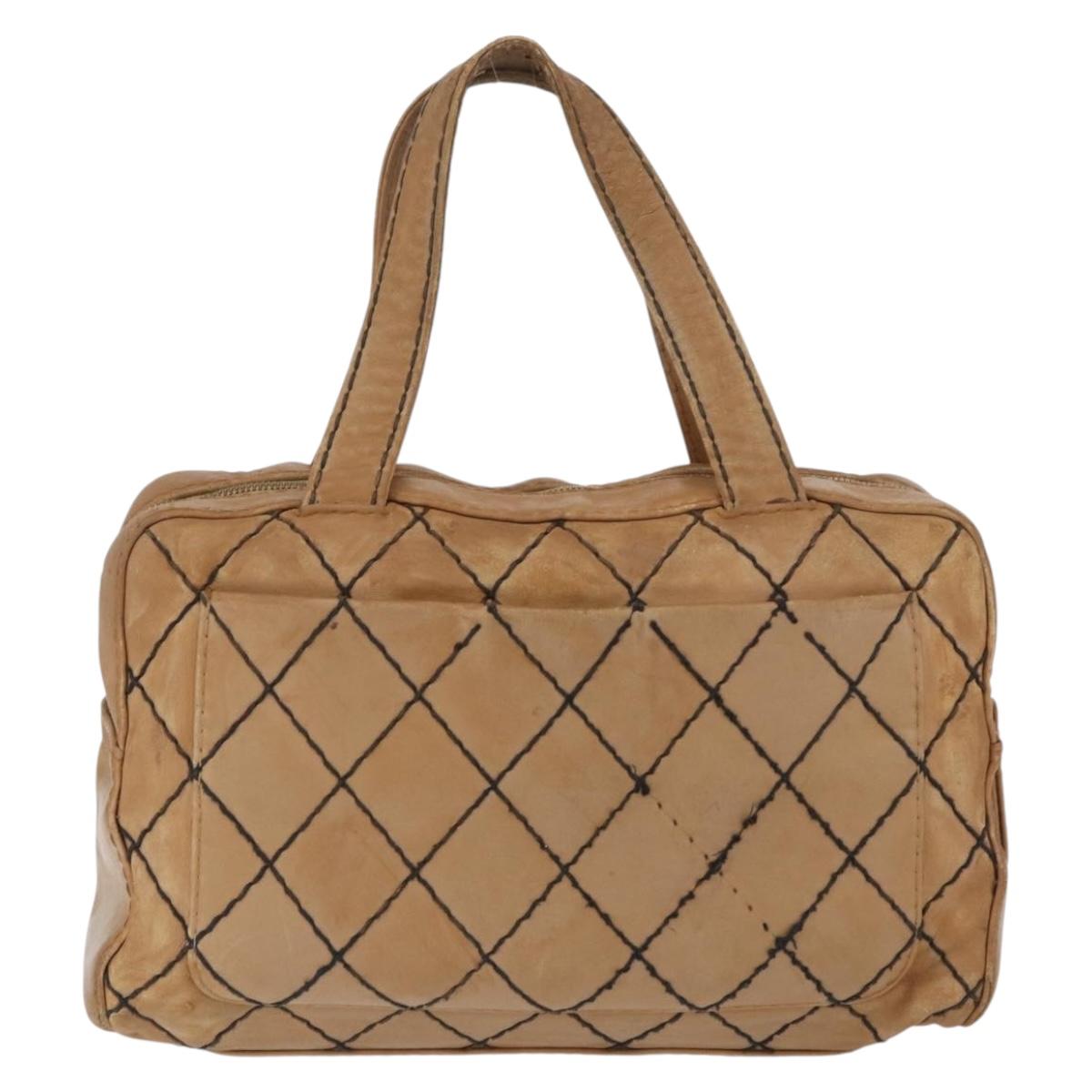 CHANEL Wild Stitch Hand Bag Leather Beige CC Auth bs33863