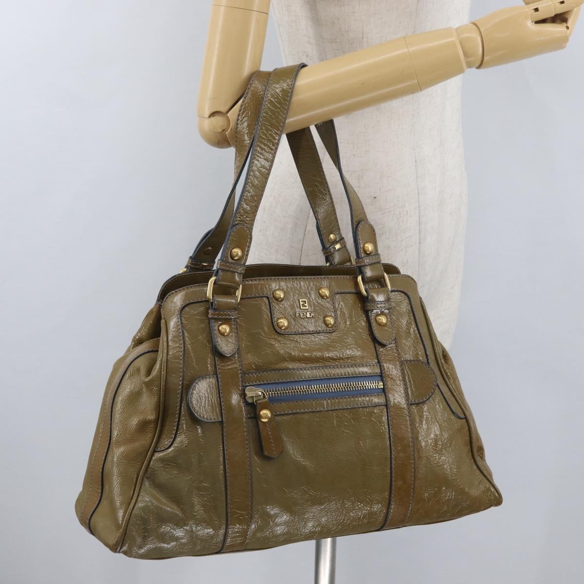 FENDI Hand Bag Patent leather Khaki Gold Auth bs33869