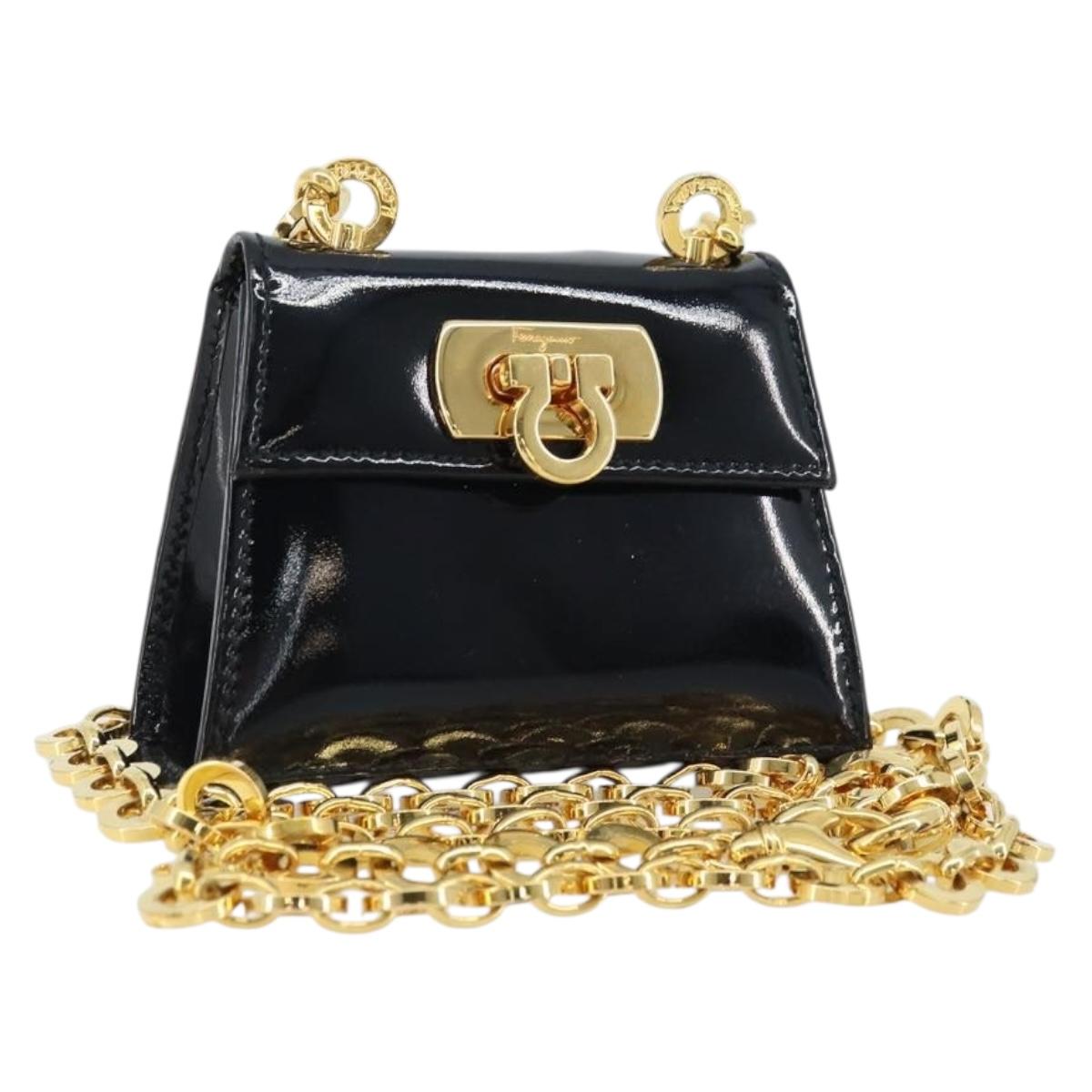 Salvatore Ferragamo Pouch Gancini Bag Patent leather Black Gold Auth bs33884