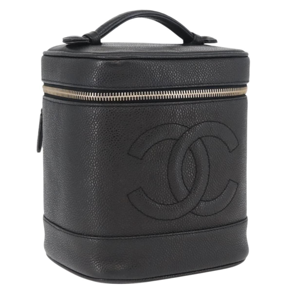 CHANEL Vanity Cosmetic Pouch Caviar Skin Black Gold CC Auth bs33894