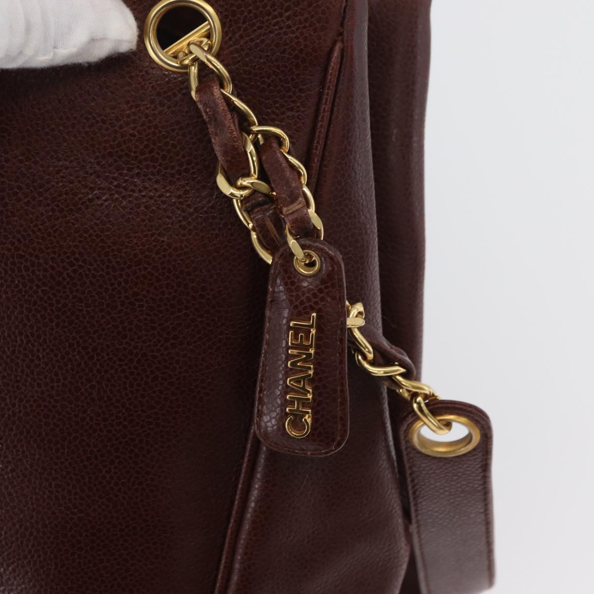 CHANEL Shoulder Bag Caviar Skin Brown Gold CC Auth bs33895