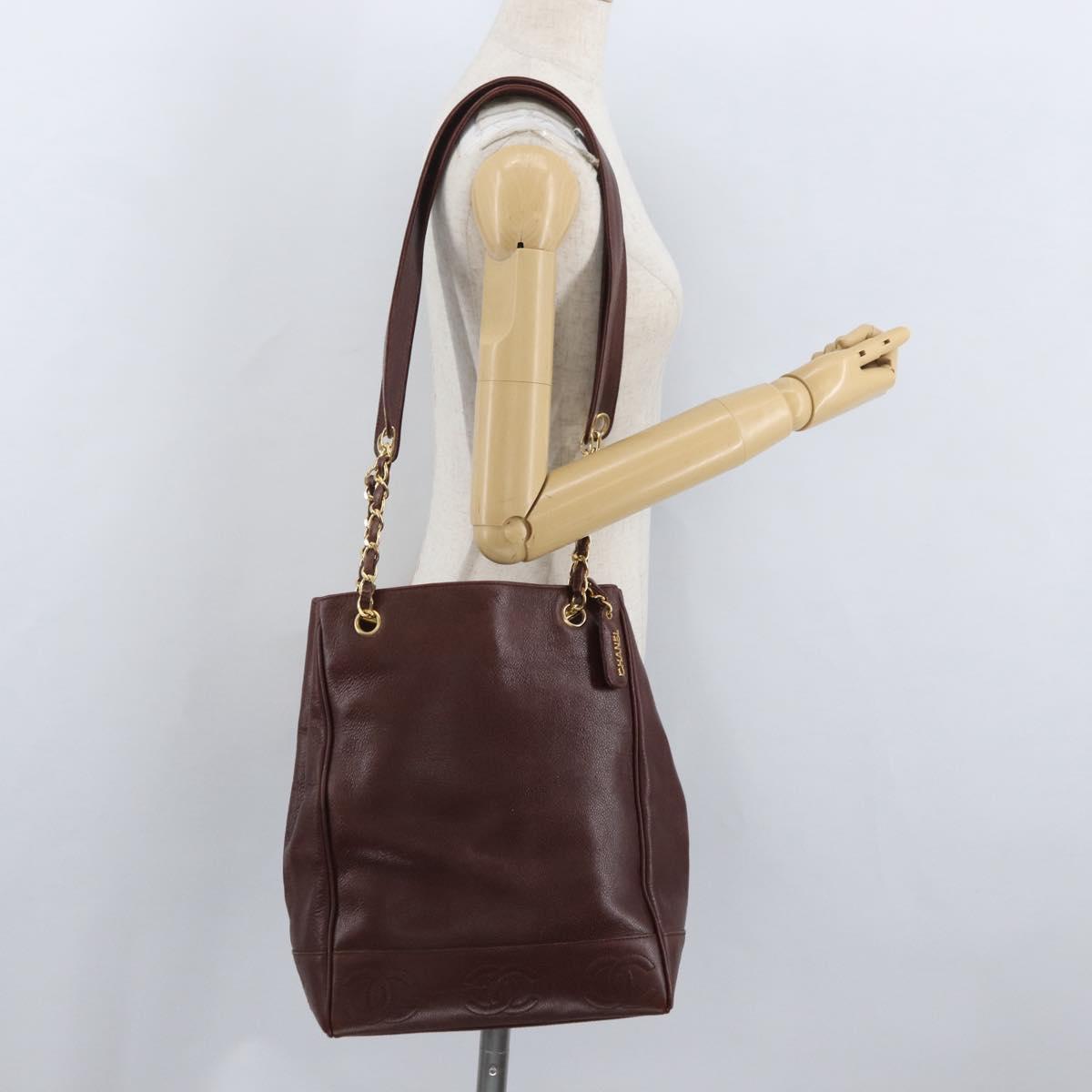 CHANEL Shoulder Bag Caviar Skin Brown Gold CC Auth bs33895