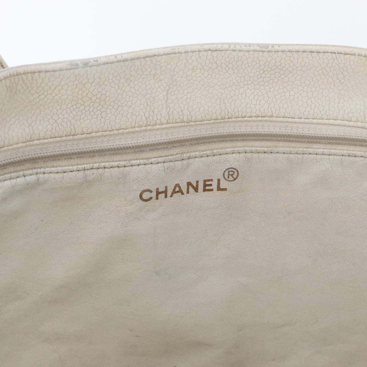 CHANEL Tote Bag Caviar Skin White Gold CC Auth bs33899