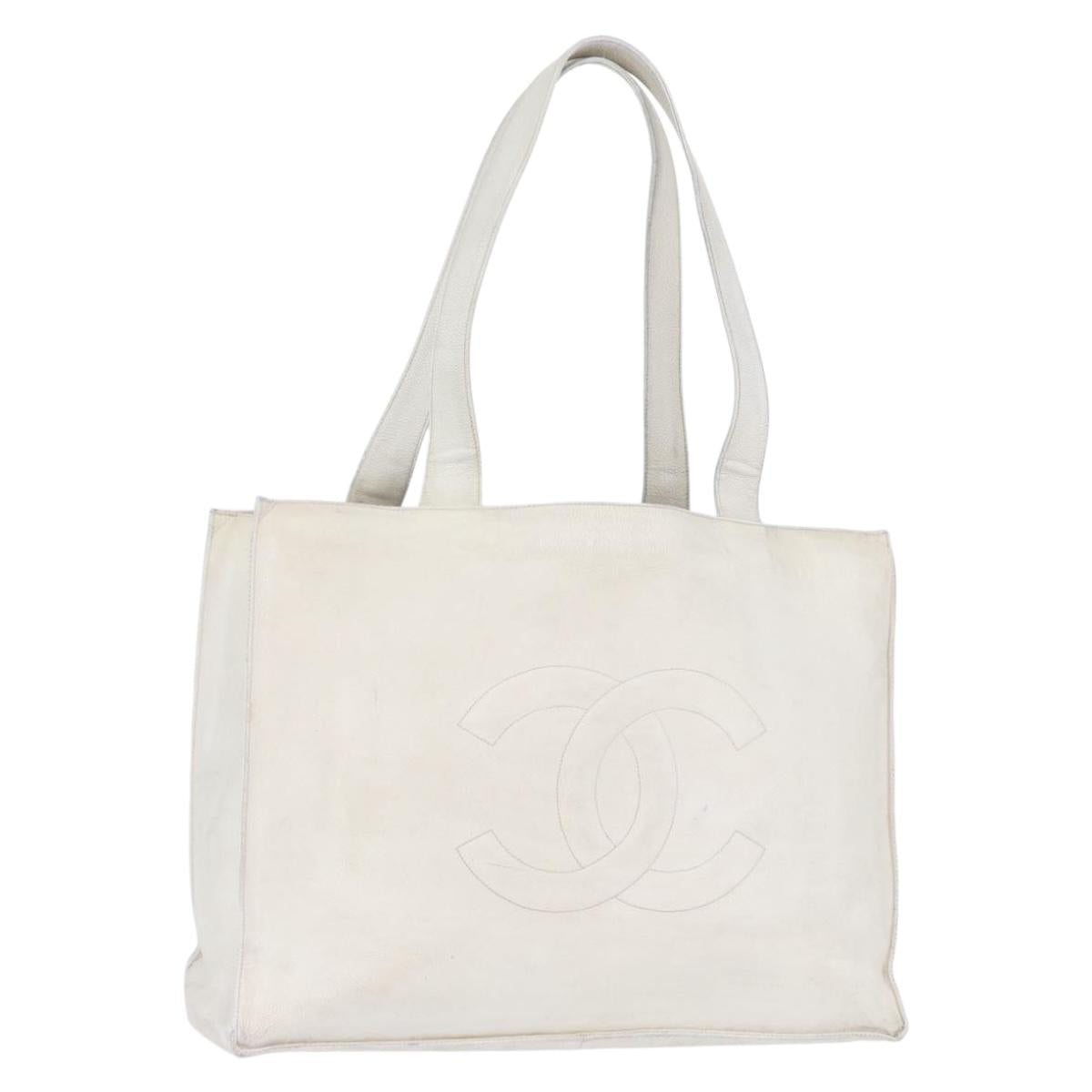 CHANEL Tote Bag Caviar Skin White Gold CC Auth bs33899