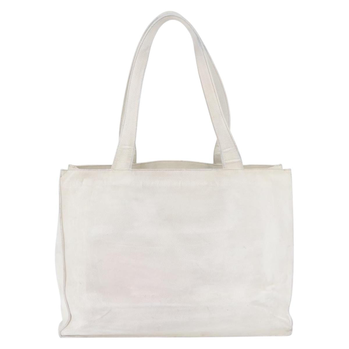 CHANEL Tote Bag Caviar Skin White Gold CC Auth bs33899