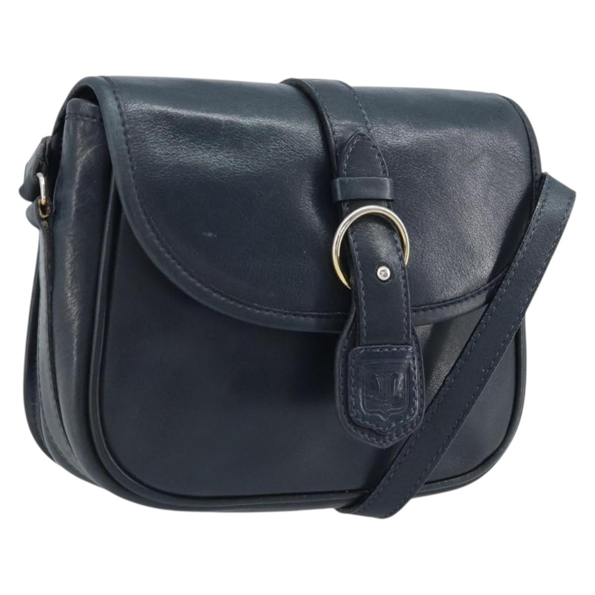 CELINE Shoulder Bag Leather Navy Gold Auth bs33902