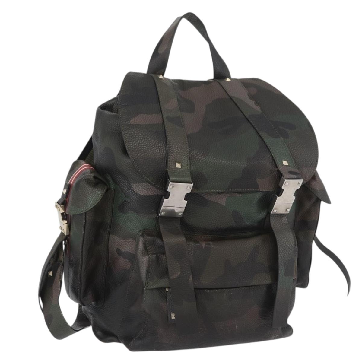VALENTINO Backpack Leather Khaki Auth bs33924