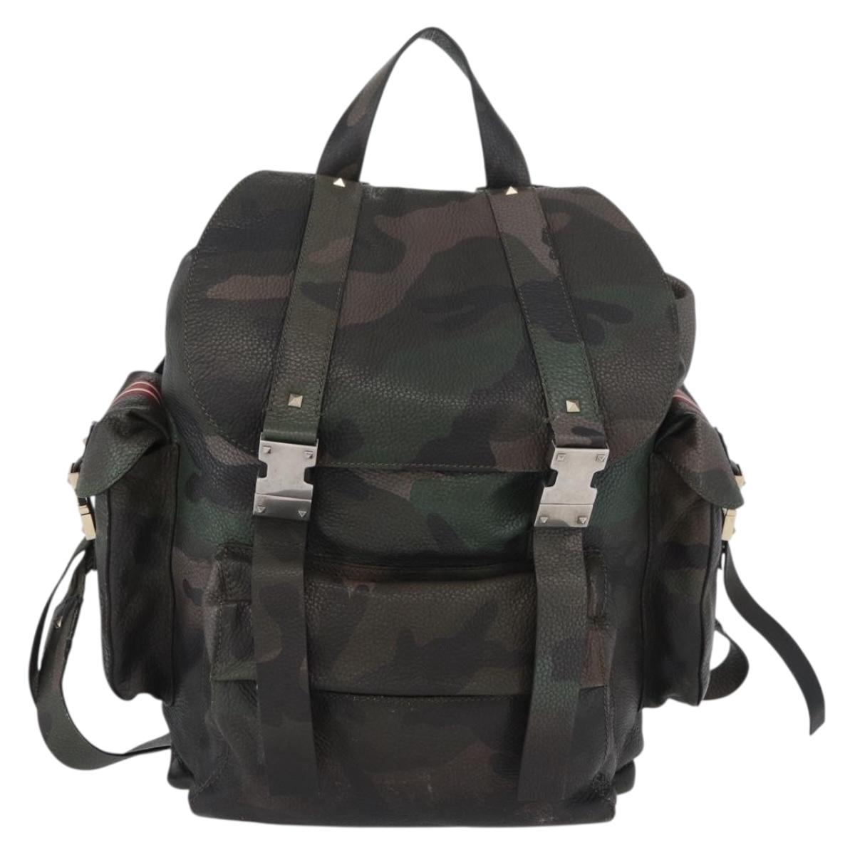 VALENTINO Backpack Leather Khaki Auth bs33924