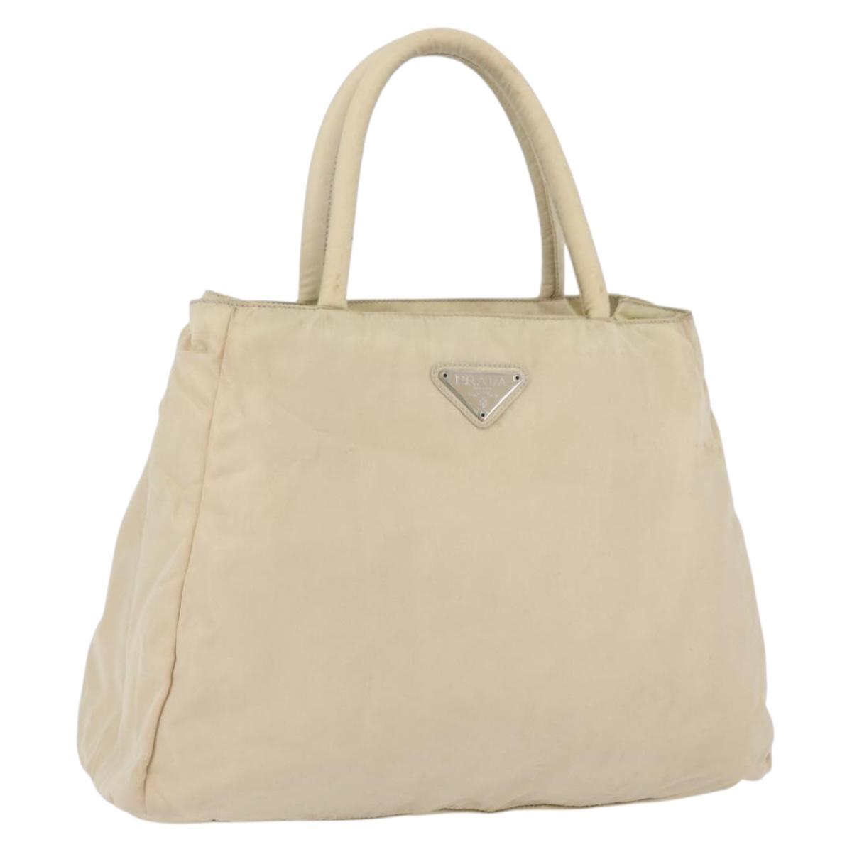 PRADA Hand Bag Nylon Silver Beige Auth bs33932