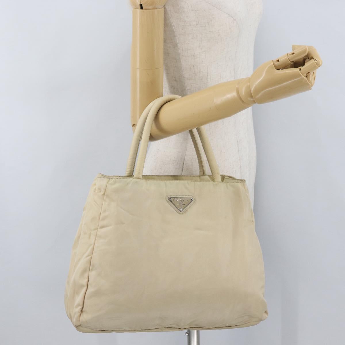 PRADA Hand Bag Nylon Silver Beige Auth bs33932