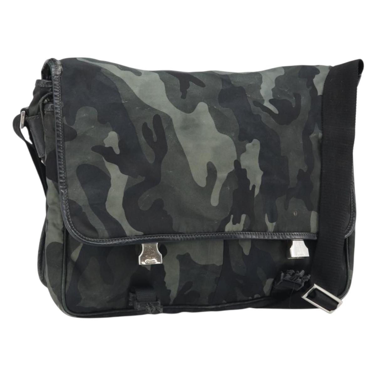PRADA Shoulder Bag Nylon Khaki Silver Auth bs33935