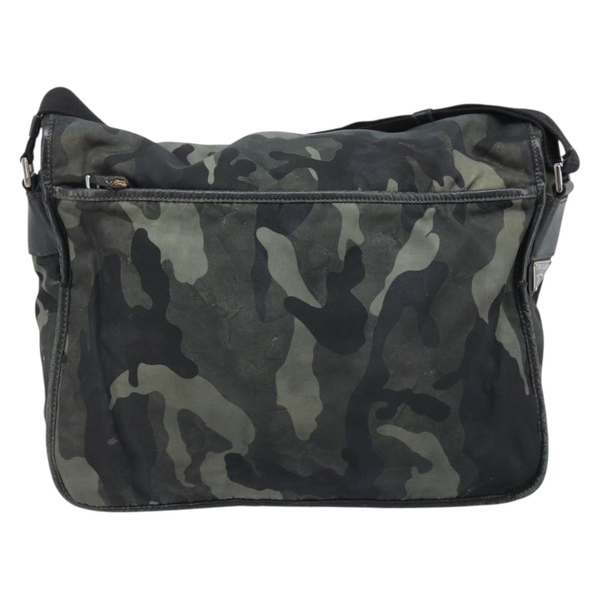 PRADA Shoulder Bag Nylon Khaki Silver Auth bs33935