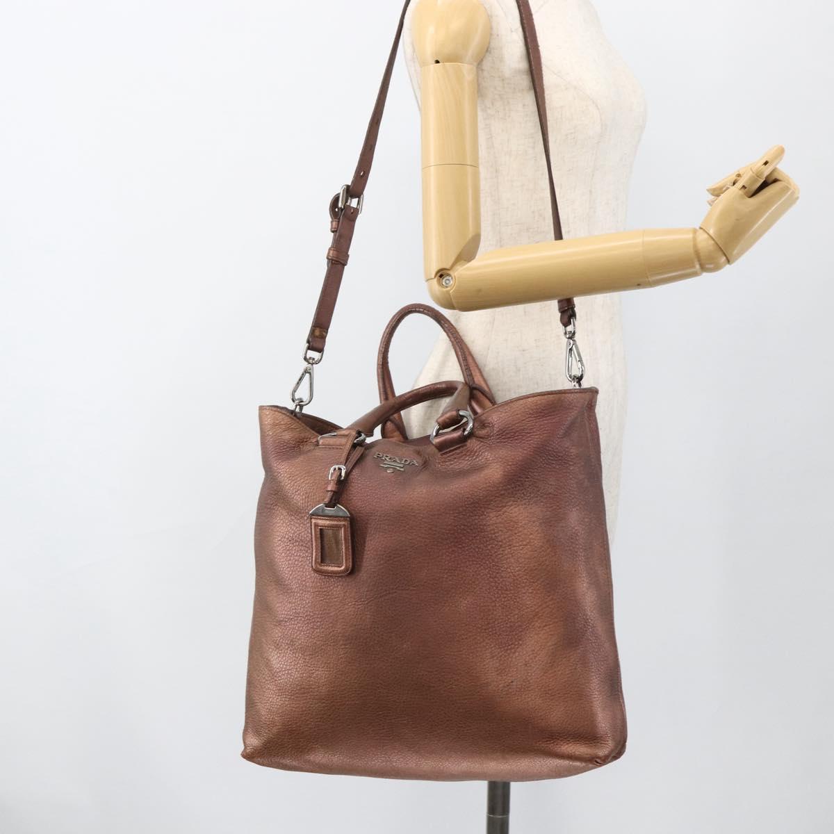 PRADA Hand Bag Leather 2way Bronze Silver Auth bs33982