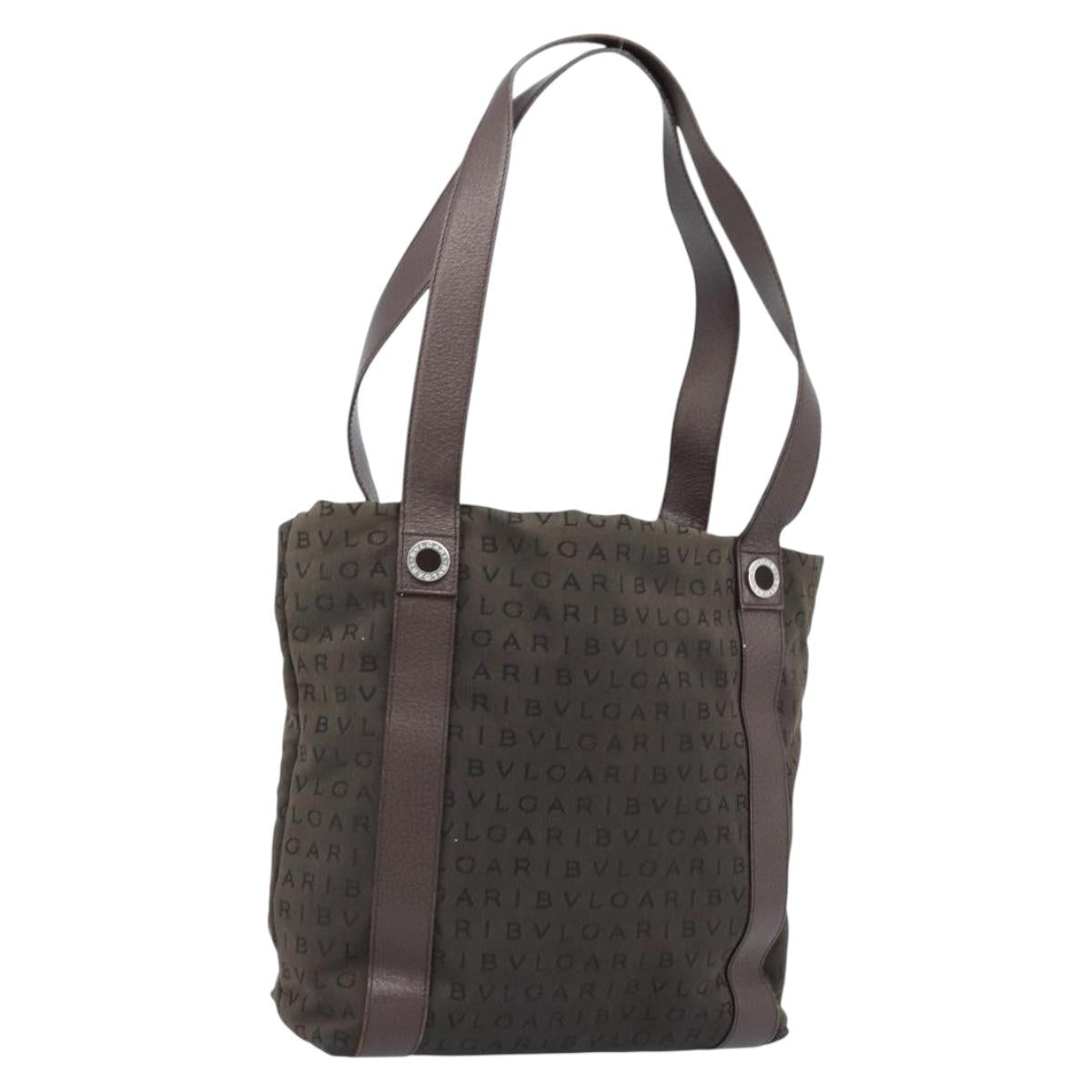 BVLGARI Shoulder Bag Canvas Brown Silver Auth bs33988