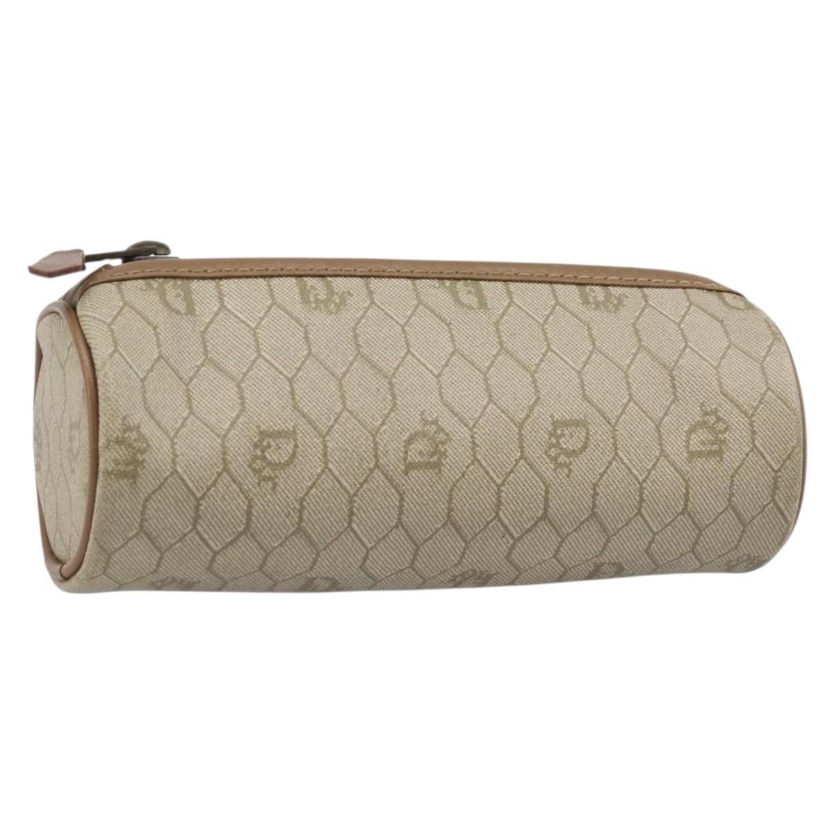 Christian Dior Honeycomb Canvas Pouch PVC Leather Beige Auth bs33990