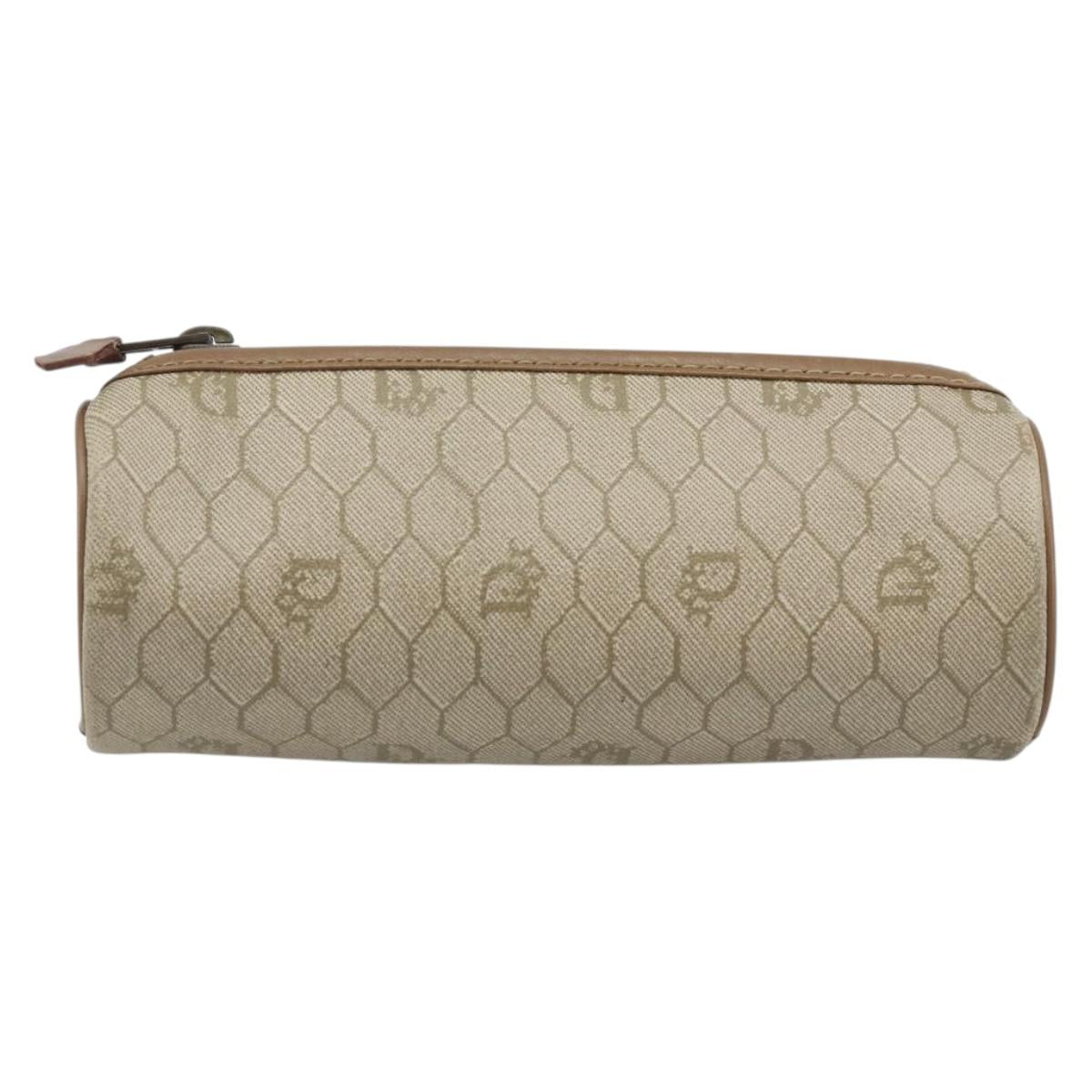 Christian Dior Honeycomb Canvas Pouch PVC Leather Beige Auth bs33990