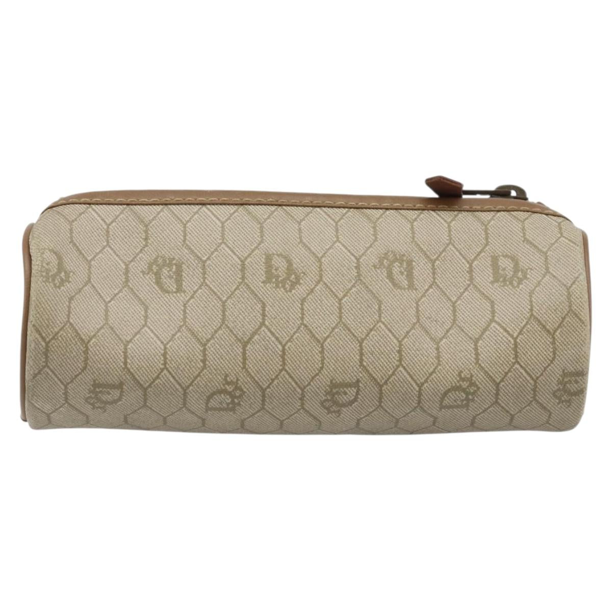 Christian Dior Honeycomb Canvas Pouch PVC Leather Beige Auth bs33990