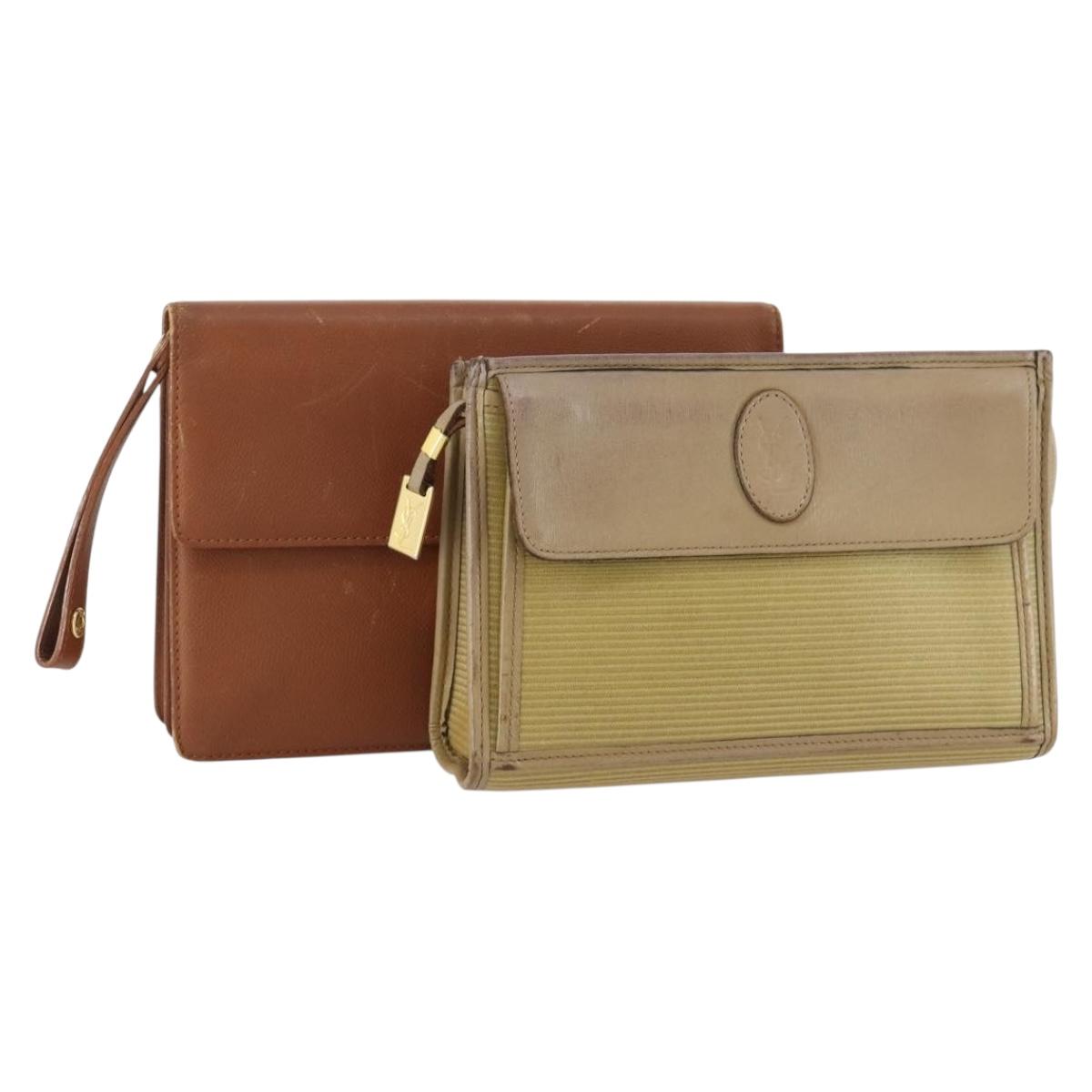 CHANEL Clutch Bag Leather 2 Set Brown CC Auth bs34000