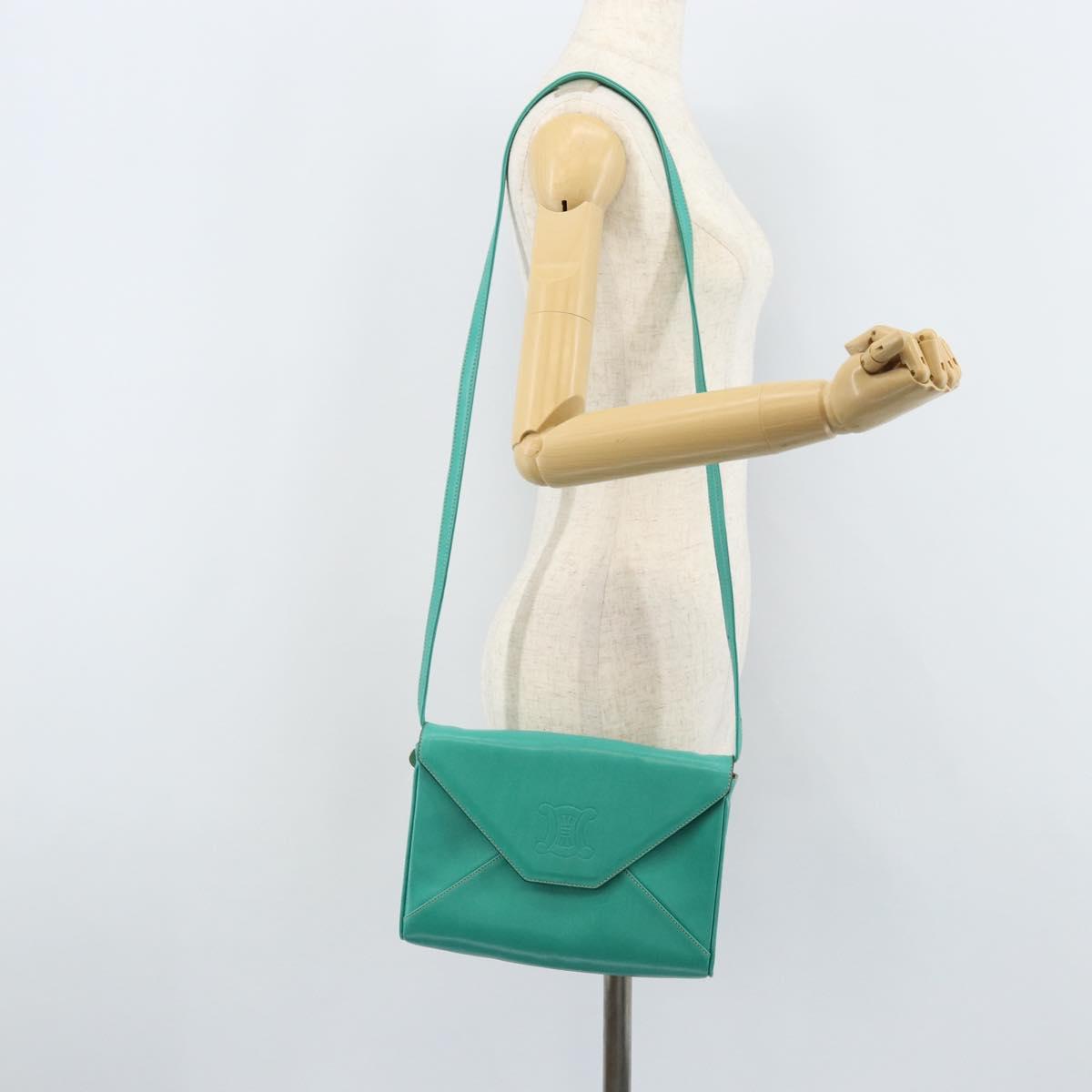 CELINE Shoulder Bag Leather Gold Emerald Green Auth bs34009