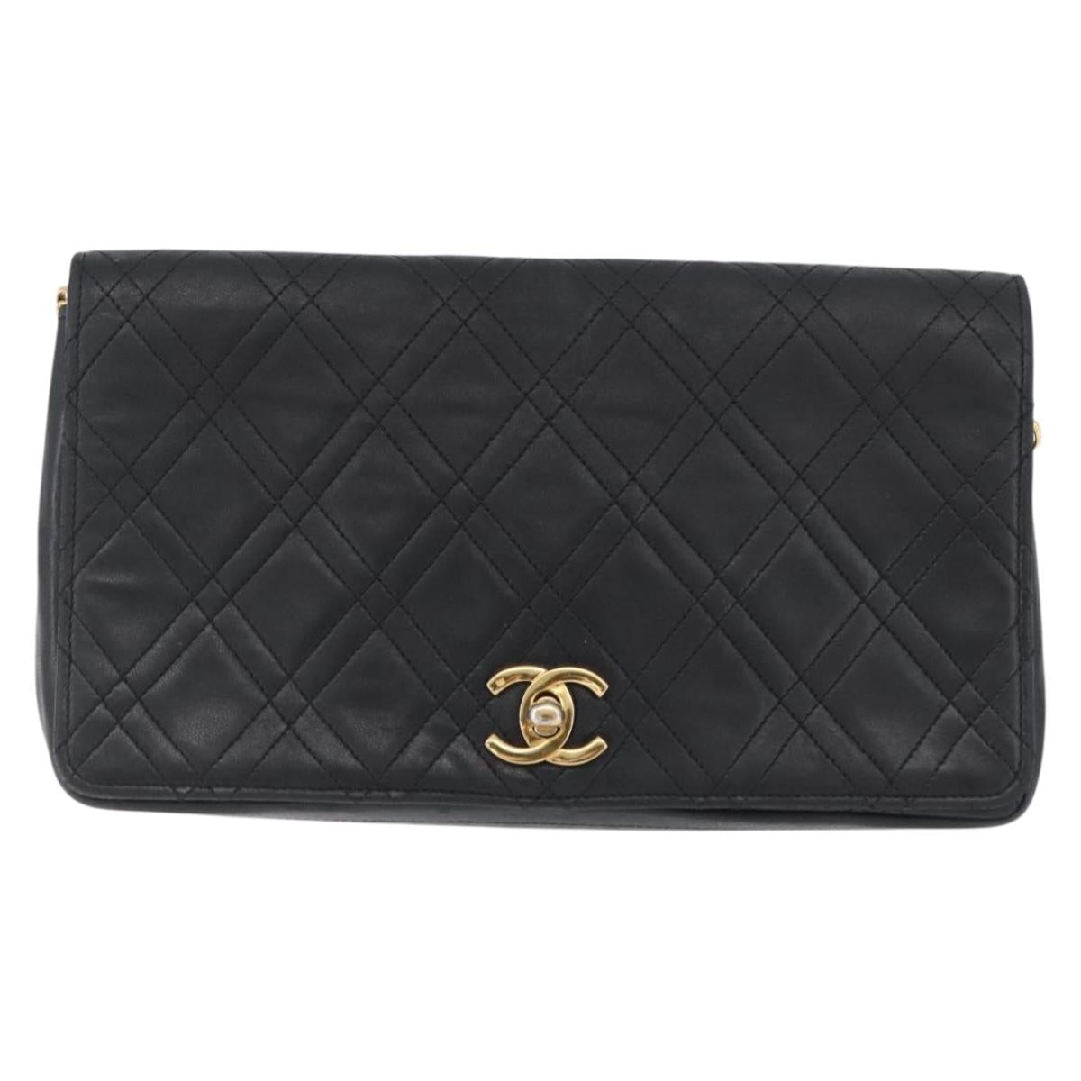 CHANEL Matelasse Chain Shoulder Bag Lamb Skin Black Gold CC Auth bs34016
