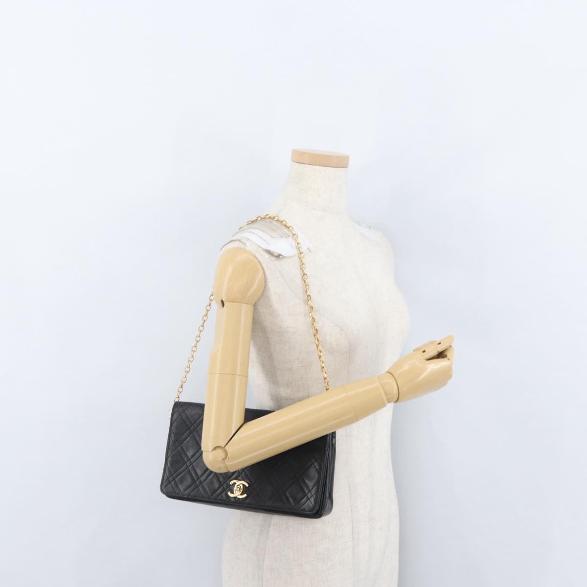 CHANEL Matelasse Chain Shoulder Bag Lamb Skin Black Gold CC Auth bs34016