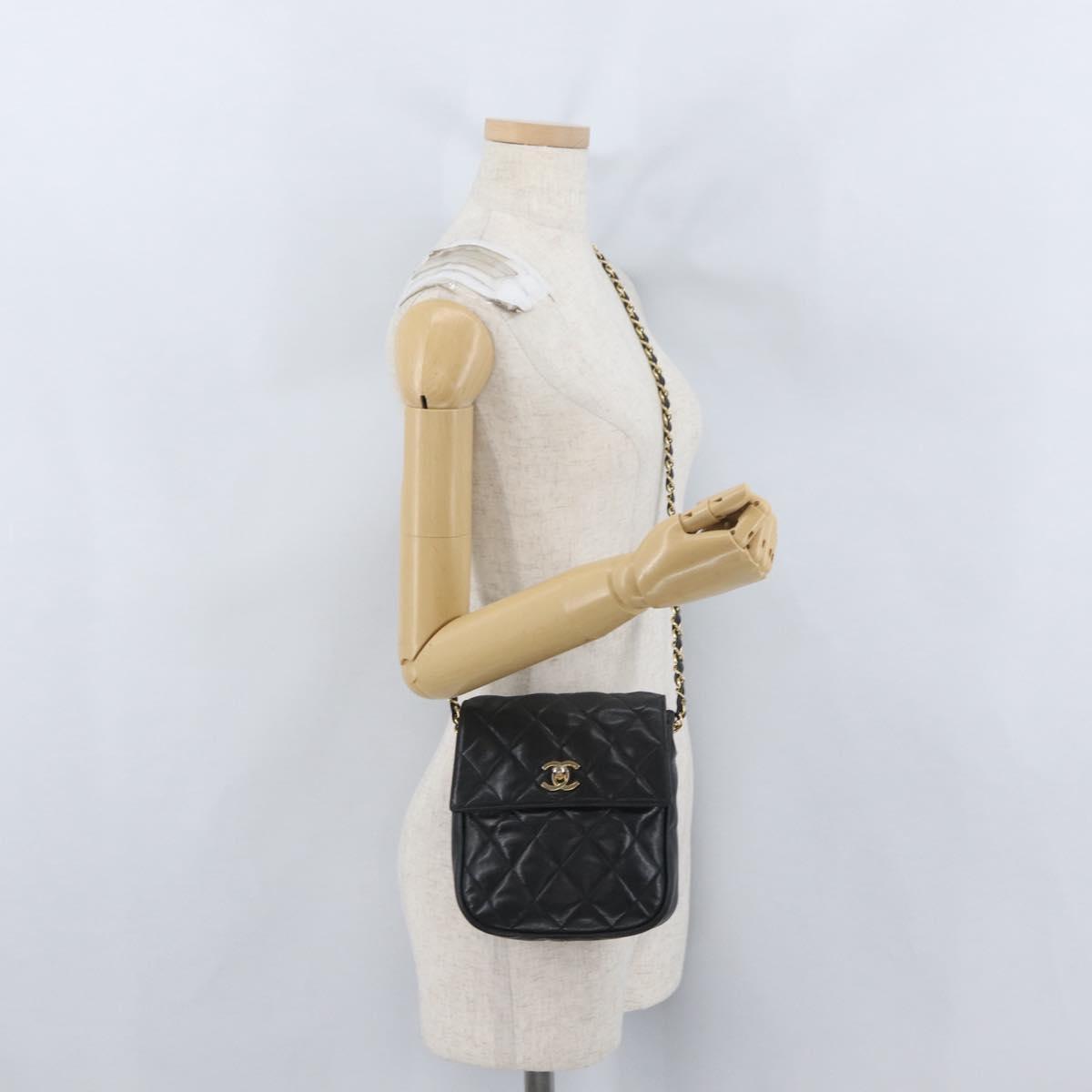 CHANEL Matelasse Chain Shoulder Bag Lamb Skin Black Gold CC Auth bs34036