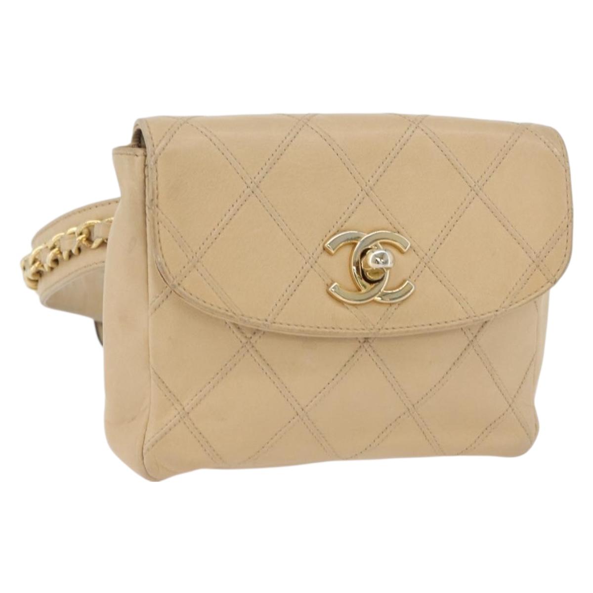 CHANEL Waist bag Lamb Skin Beige Gold CC Auth bs34038