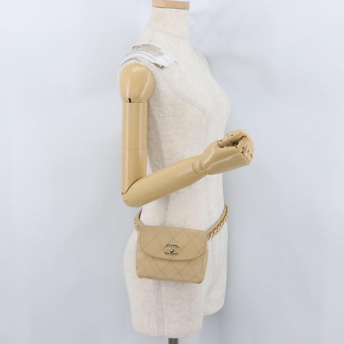 CHANEL Waist bag Lamb Skin Beige Gold CC Auth bs34038