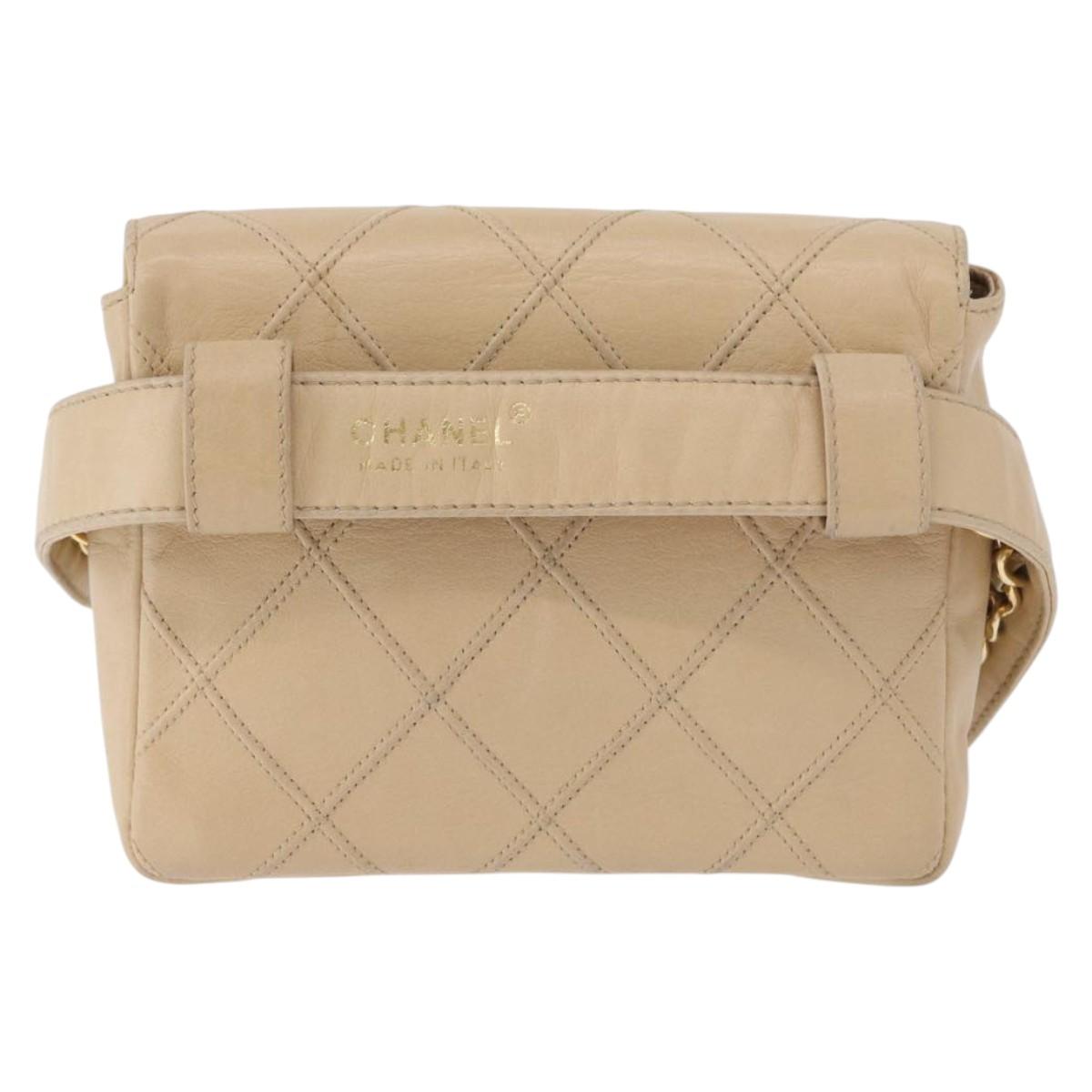 CHANEL Waist bag Lamb Skin Beige Gold CC Auth bs34038