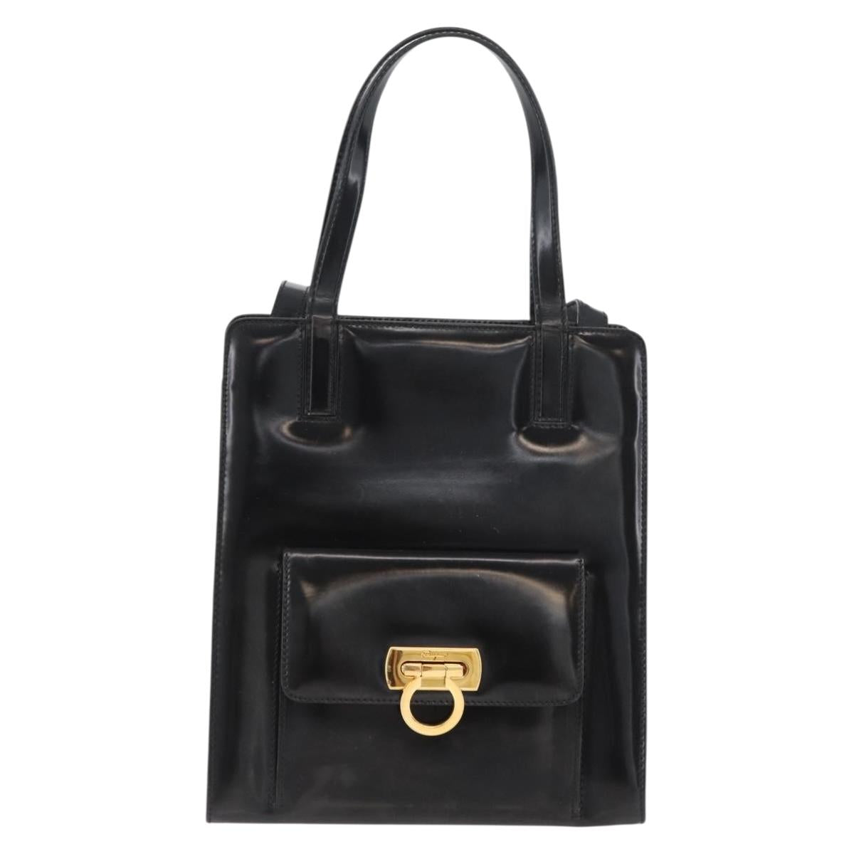 Salvatore Ferragamo Gancini Hand Bag Patent leather 2way Black Gold Auth bs34043