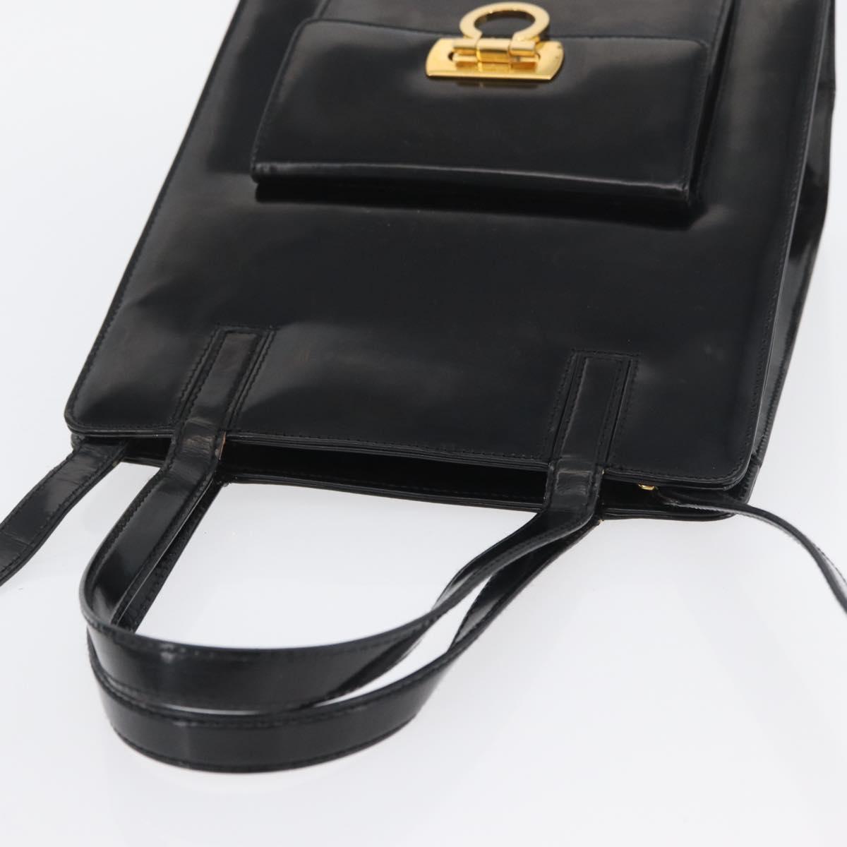 Salvatore Ferragamo Gancini Hand Bag Patent leather 2way Black Gold Auth bs34043