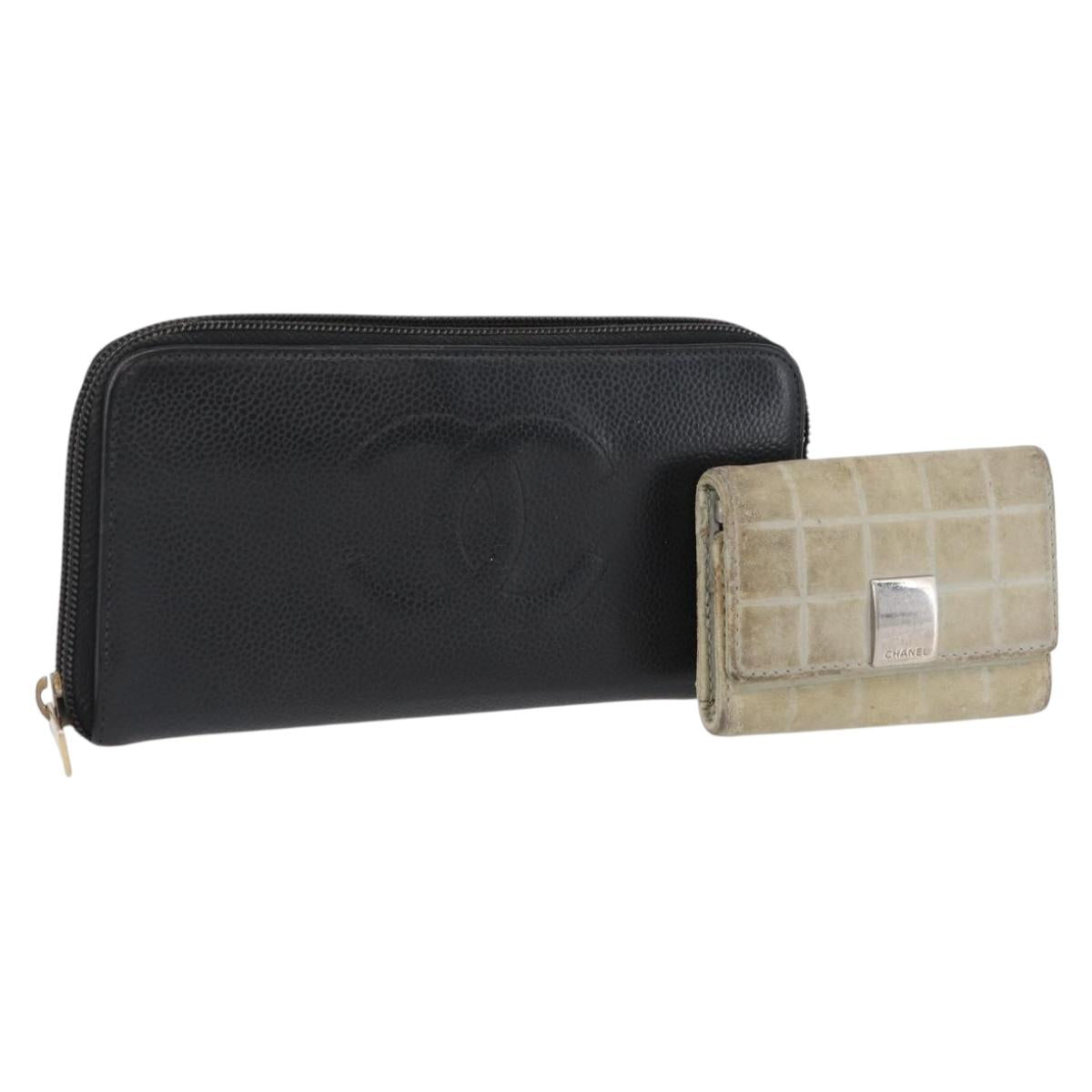 CHANEL Wallet Caviar Skin 2 Set Black Beige CC Auth bs34047