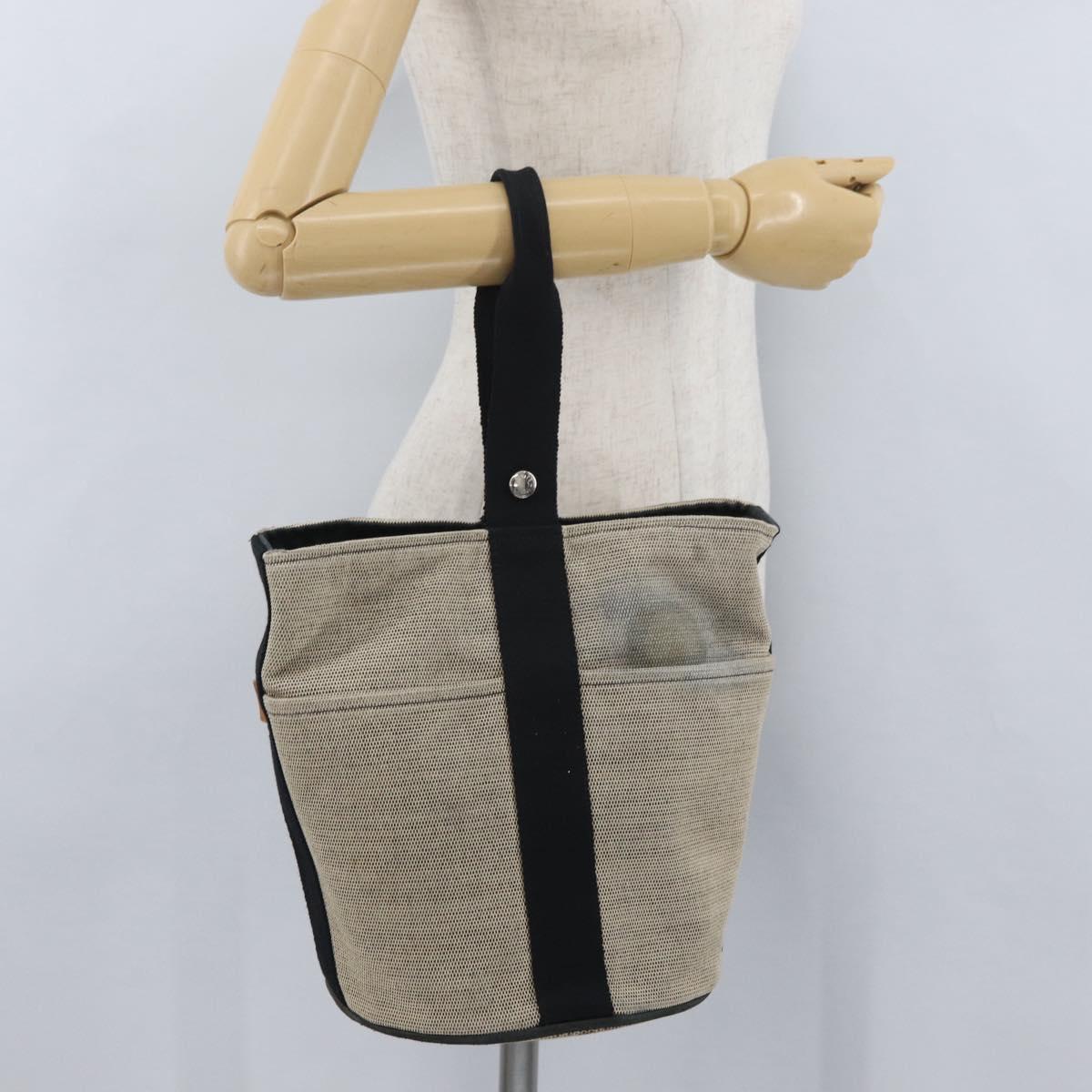 HERMES Sakso MM Hand Bag Canvas Beige Silver Auth bs34048