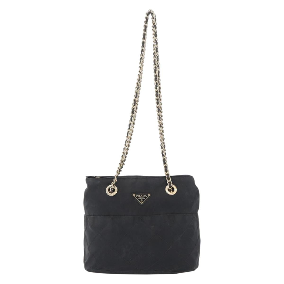PRADA Chain Shoulder Bag Nylon Black Gold Auth bs34051