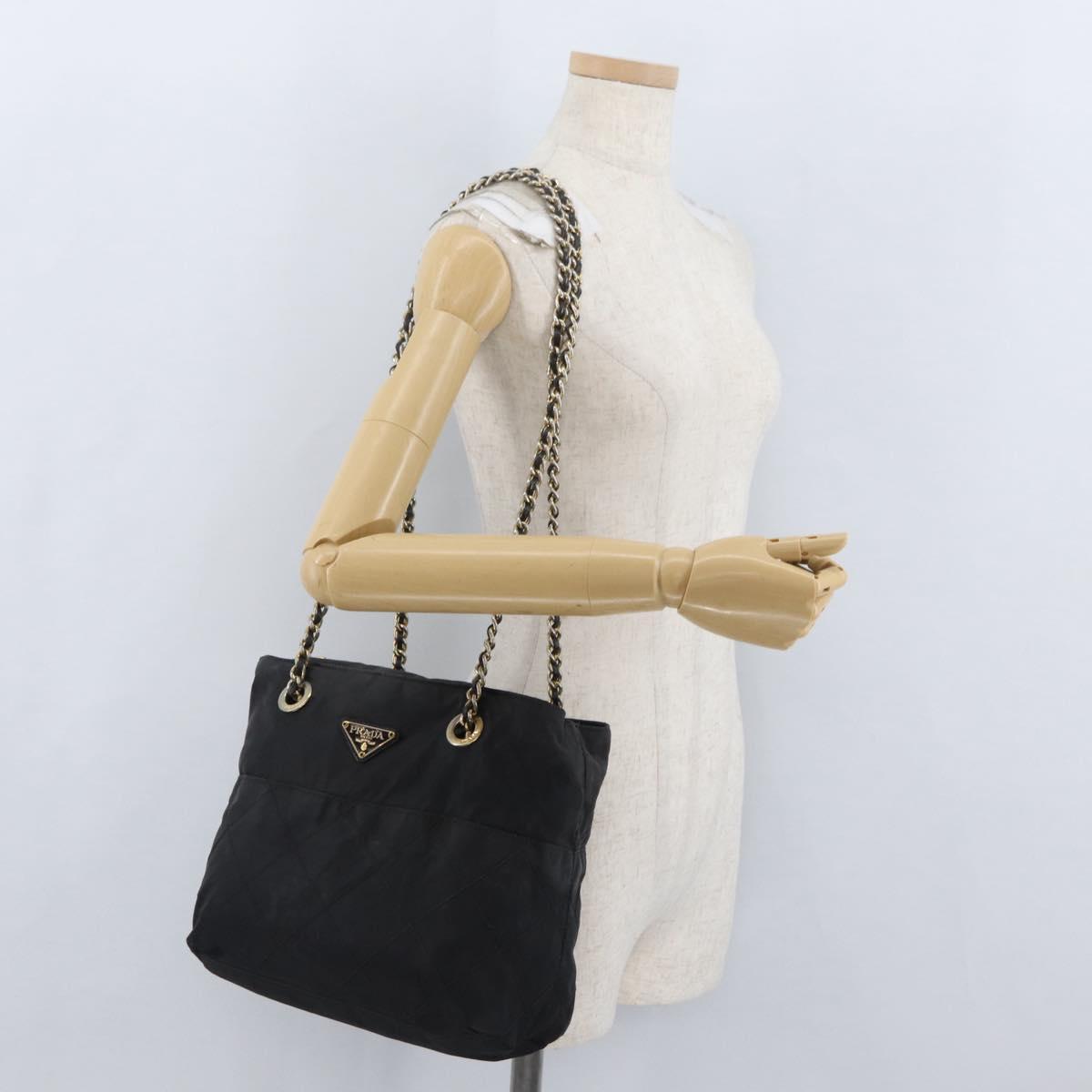 PRADA Chain Shoulder Bag Nylon Black Gold Auth bs34051