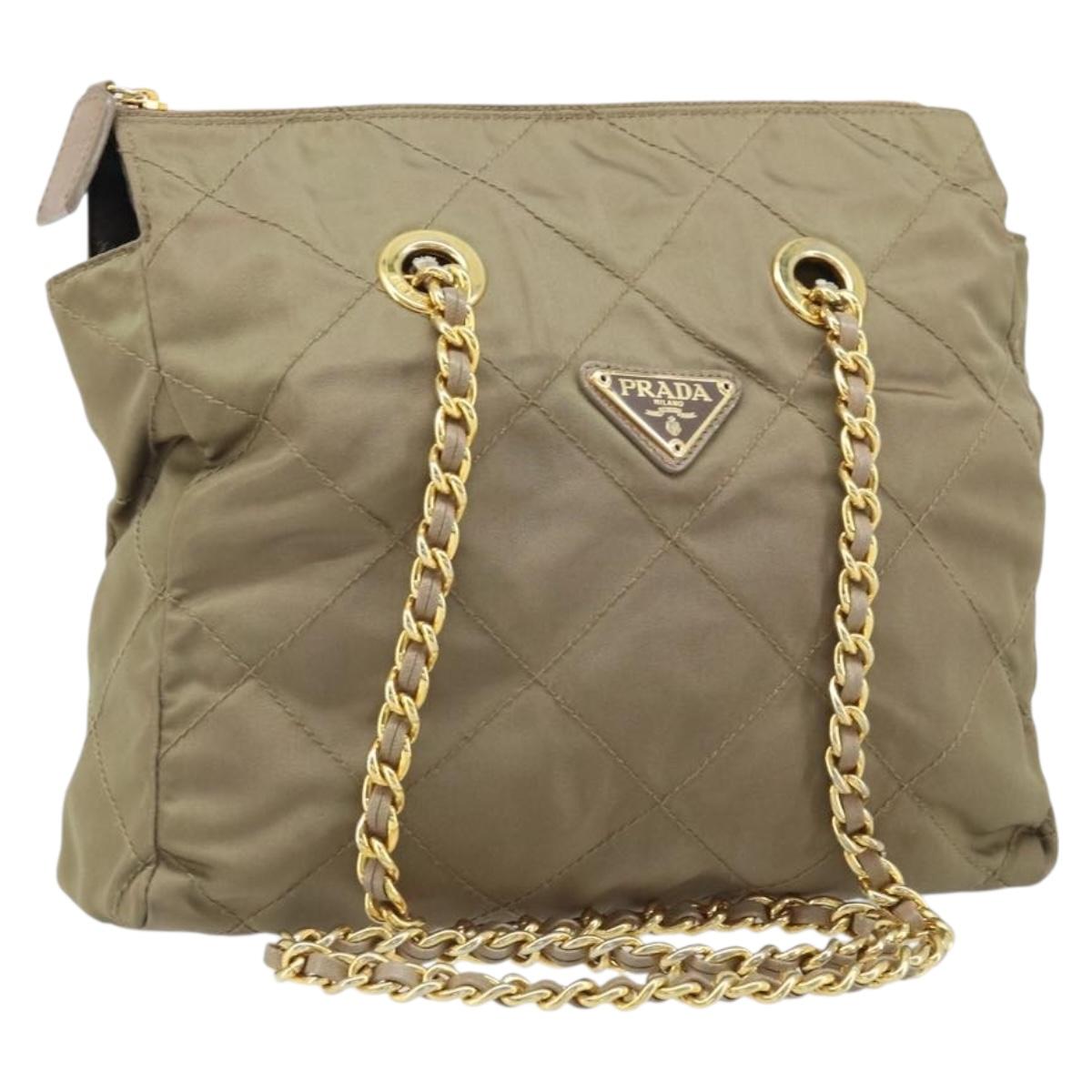 PRADA Chain Shoulder Bag Nylon Beige Gold Auth bs34053