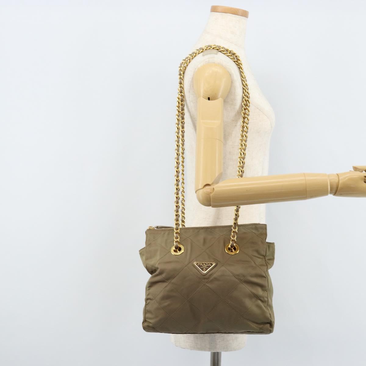PRADA Chain Shoulder Bag Nylon Beige Gold Auth bs34053