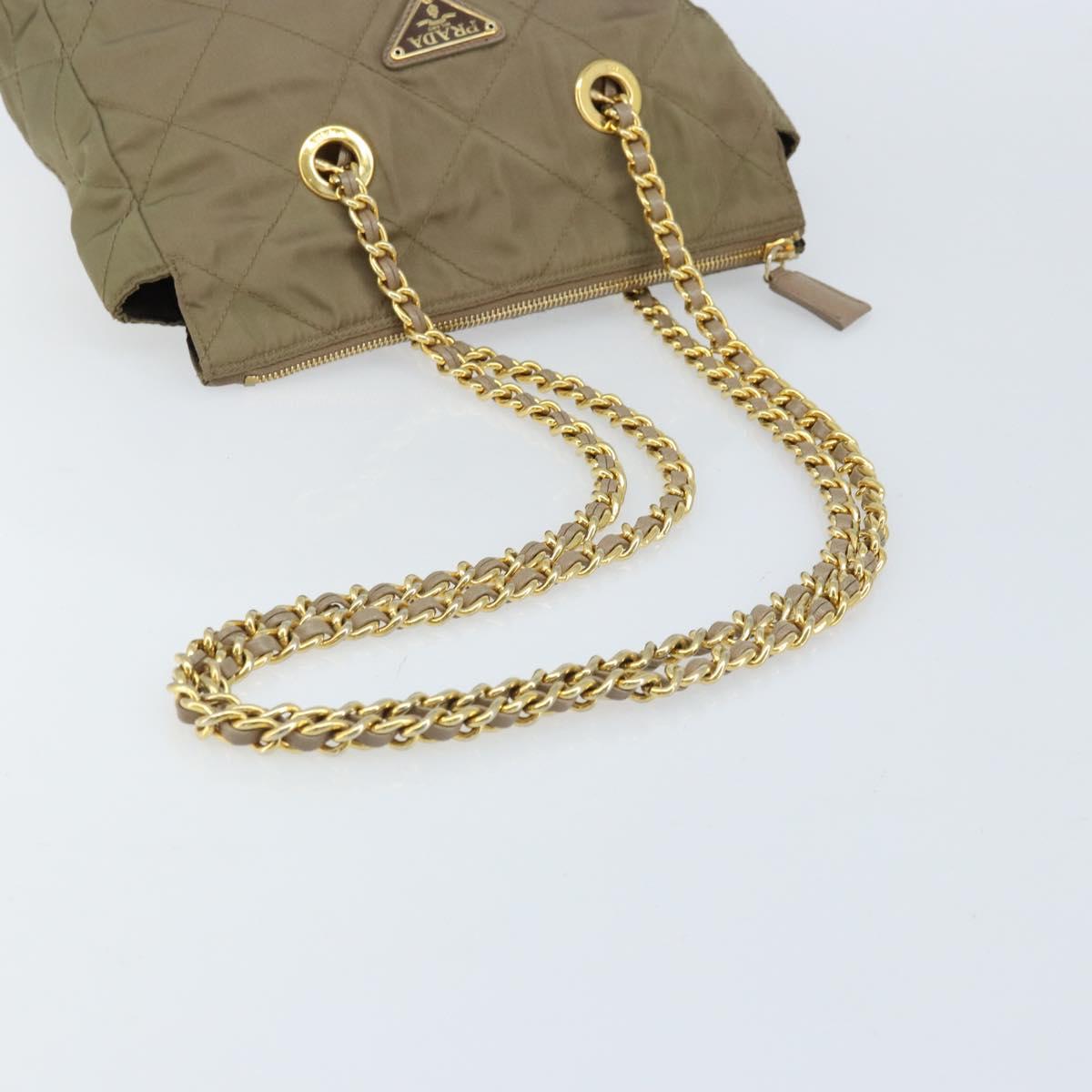 PRADA Chain Shoulder Bag Nylon Beige Gold Auth bs34053