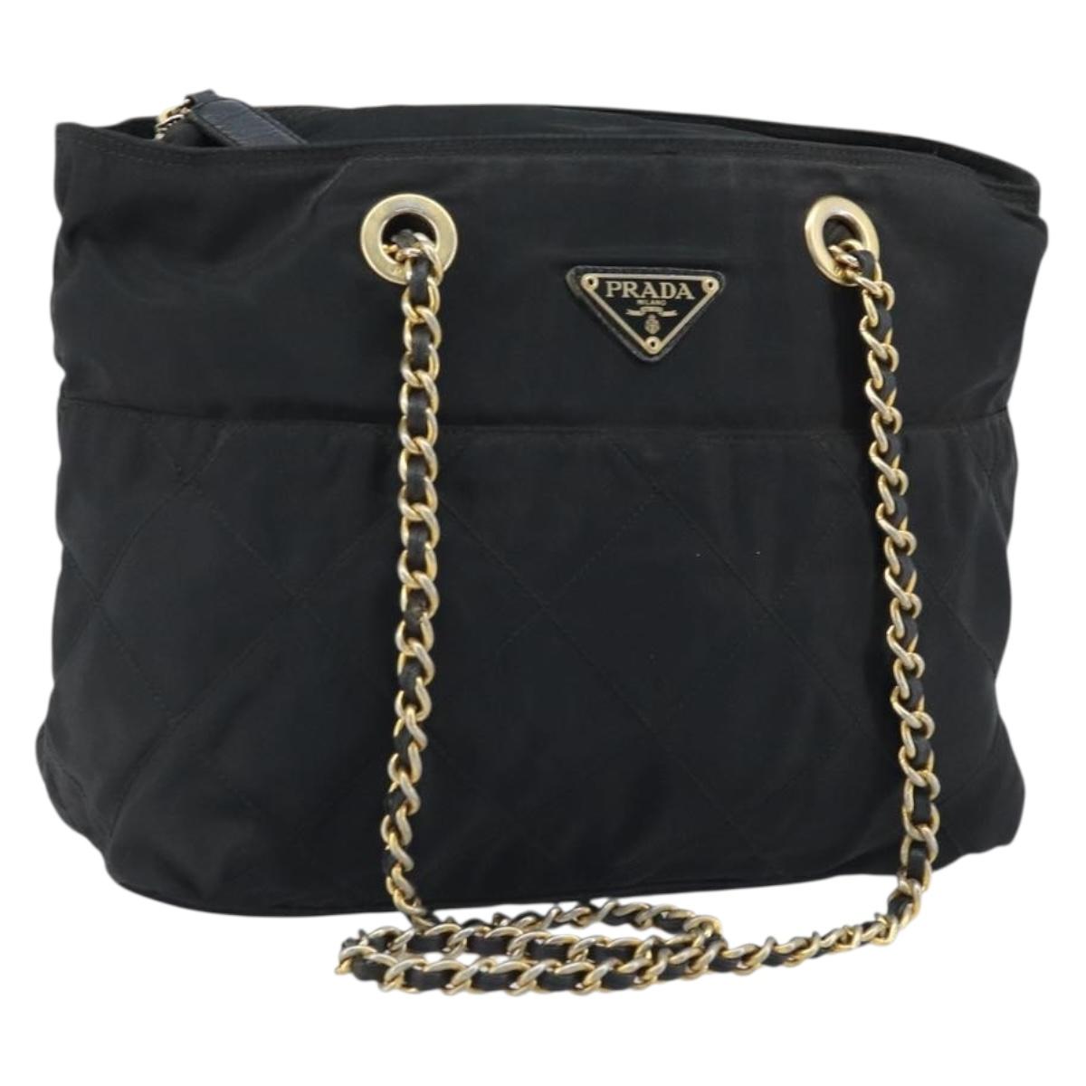 PRADA Chain Shoulder Bag Nylon Gold Black Auth bs34054